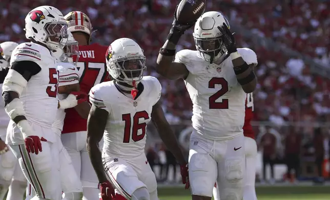 Arizona Cardinals linebacker Mack Wilson Sr. (2) celebrates next to cornerback Max Melton (16) after recovering a fumble by San Francisco 49ers running back Jordan Mason during the second half of an NFL football game in Santa Clara, Calif., Sunday, Oct. 6, 2024. (AP Photo/Jed Jacobsohn)