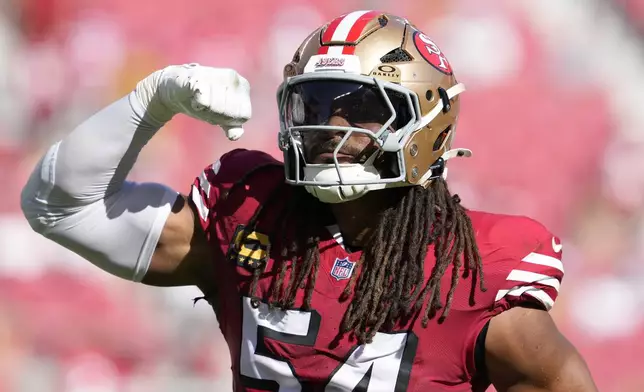 San Francisco 49ers linebacker Fred Warner reacts after a tackle against the Arizona Cardinals during the second half of an NFL football game in Santa Clara, Calif., Sunday, Oct. 6, 2024. (AP Photo/Godofredo A. Vásquez)