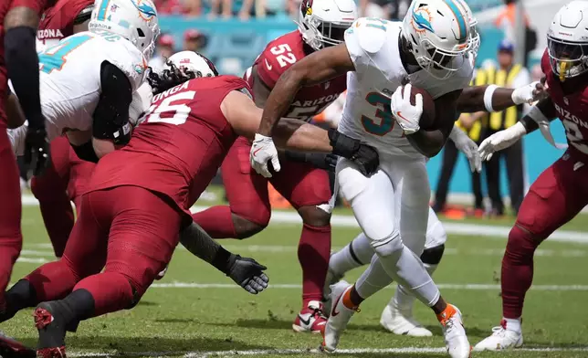 Miami Dolphins running back Raheem Mostert (31) scores a touchdown during the first half of an NFL football game against the Arizona Cardinals, Sunday, Oct. 27, 2024, in Miami Gardens, Fla. (AP Photo/Rebecca Blackwell)