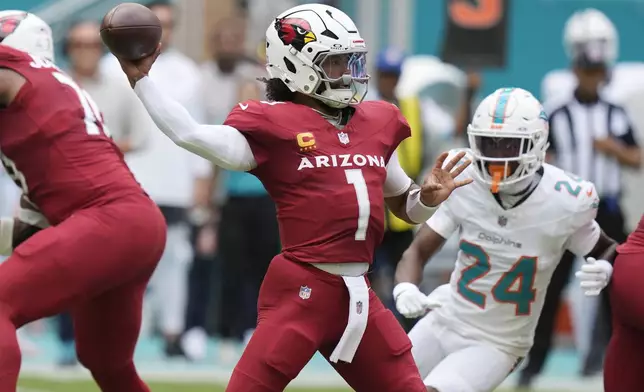 Arizona Cardinals quarterback Kyler Murray (1) aims a pass during the first half of an NFL football game against the Miami Dolphins, Sunday, Oct. 27, 2024, in Miami Gardens, Fla. (AP Photo/Lynne Sladky)