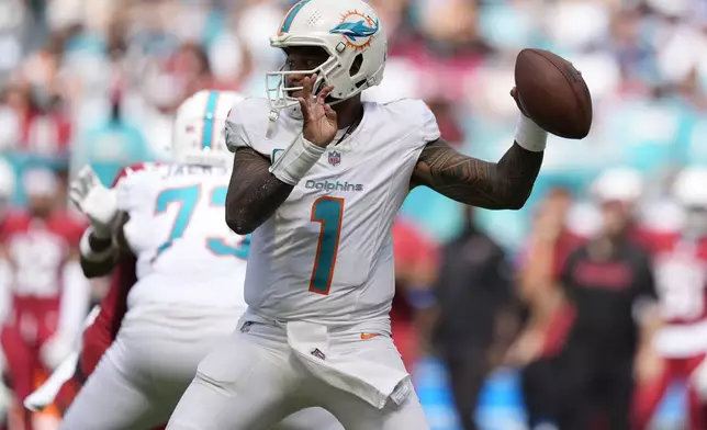 Miami Dolphins quarterback Tua Tagovailoa (1) aims a pass during the first half of an NFL football game against the Arizona Cardinals, Sunday, Oct. 27, 2024, in Miami Gardens, Fla. (AP Photo/Rebecca Blackwell)