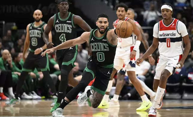 Boston Celtics forward Jayson Tatum (0) gains control of the ball against Washington Wizards guard Bilal Coulibaly, right, during the first half of an NBA basketball game Thursday, Oct. 24, 2024, in Washington. (AP Photo/John McDonnell)