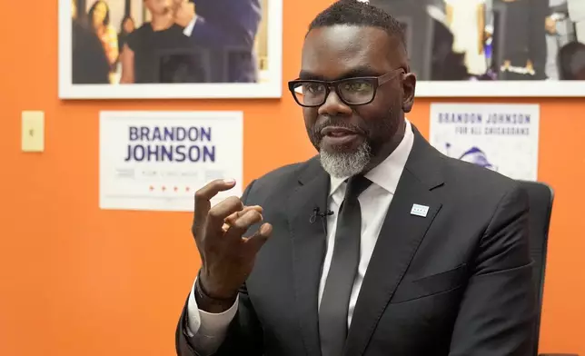 FILE - Chicago Mayor Brandon Johnson responds to a question during an interview, Aug. 15, 2024, in Chicago. (AP Photo/Charles Rex Arbogast, file)