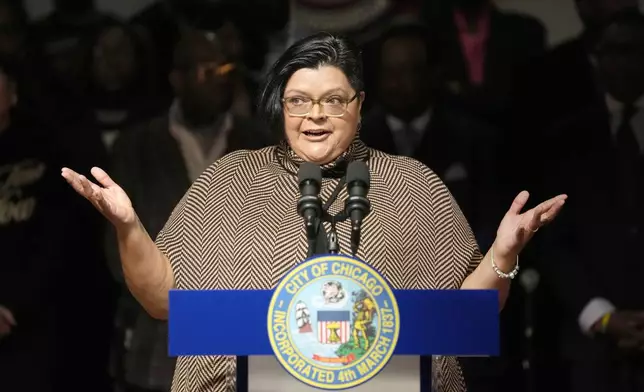 Olga Bautista, one of six nominees to the Chicago Board of Education by Chicago Mayor Brandon Johnson, speaks during a news conference where Johnson announced his nominees on Monday, Oct. 7, 2024, in Chicago. (AP Photo/Charles Rex Arbogast)