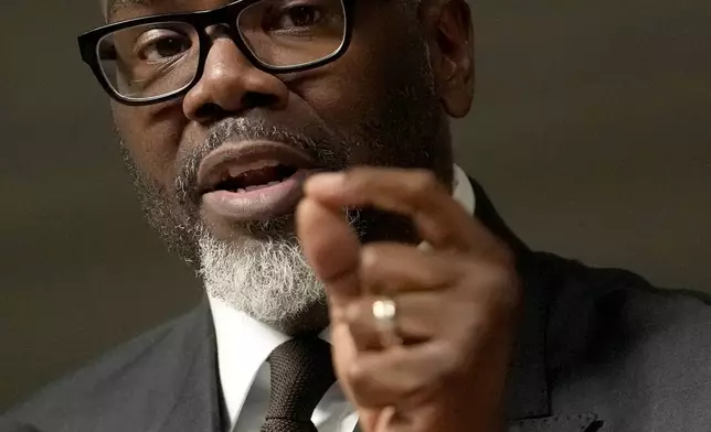 Chicago Mayor Brandon Johnson responds to a question during a news conference where he introduced six of his nominees to the Chicago Board of Education on Monday, Oct. 7, 2024, in Chicago. (AP Photo/Charles Rex Arbogast)