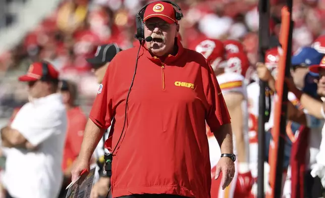 Kansas City Chiefs head coach Andy Reid reacts on the sideline during the first half of an NFL football game against the San Francisco 49ers in Santa Clara, Calif., Sunday, Oct. 20, 2024. (AP Photo/Jed Jacobsohn)