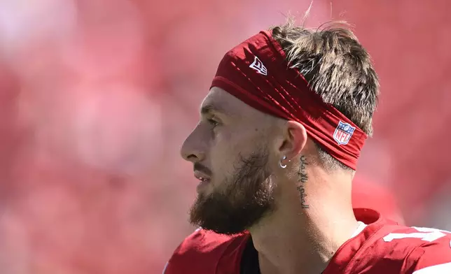 San Francisco 49ers wide receiver Ricky Pearsall warms up before an NFL football game against the Kansas City Chiefs in Santa Clara, Calif., Sunday, Oct. 20, 2024. (AP Photo/Eakin Howard)