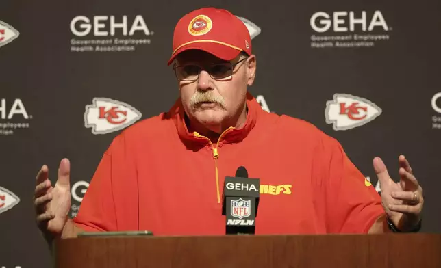 Kansas City Chiefs head coach Andy Reid speaks at a news conference after an NFL football game against the San Francisco 49ers in Santa Clara, Calif., Sunday, Oct. 20, 2024. (AP Photo/Jed Jacobsohn)