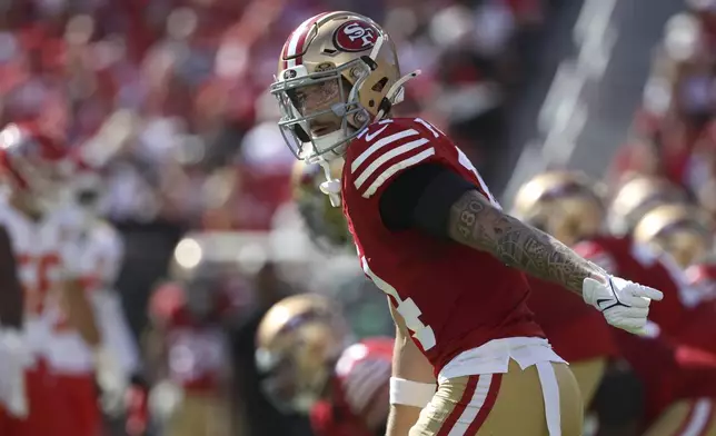 San Francisco 49ers wide receiver Ricky Pearsall waits at the line of scrimmage during the first half of an NFL football game against the Kansas City Chiefs in Santa Clara, Calif., Sunday, Oct. 20, 2024. (AP Photo/Jed Jacobsohn)