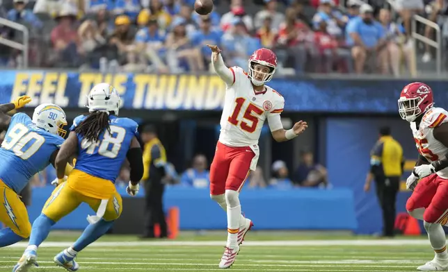 Kansas City Chiefs quarterback Patrick Mahomes throws during the second half of an NFL football game against the Los Angeles Chargers Sunday, Sept. 29, 2024, in Inglewood, Calif. (AP Photo/Ashley Landis)