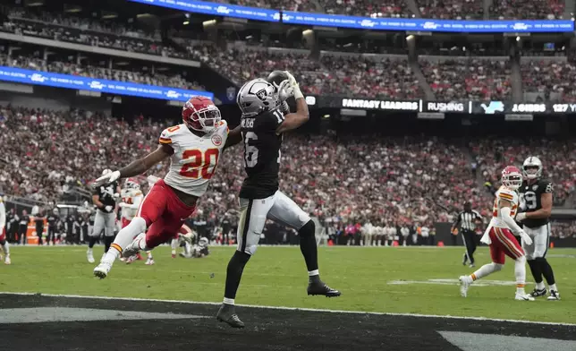 Las Vegas Raiders wide receiver Jakobi Meyers (16) catches a touchdown pass as Kansas City Chiefs safety Justin Reid (20) defends during the first half of an NFL football game Sunday, Oct. 27, 2024, in Las Vegas. (AP Photo/Rick Scuteri)