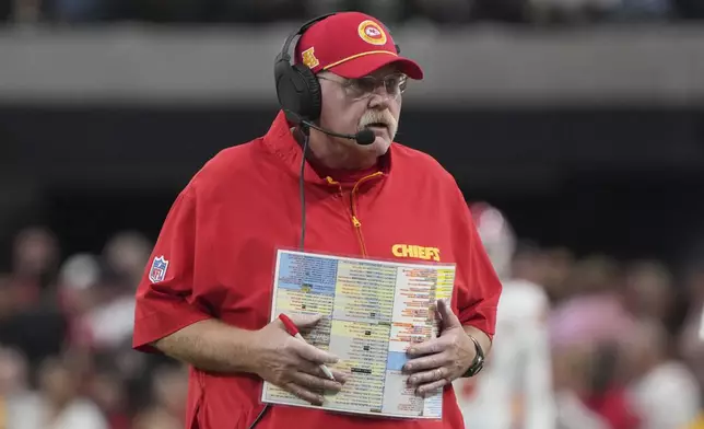 Kansas City Chiefs head coach Andy Reid watches from the sidelines during the first half of an NFL football game against the Las Vegas Raiders Sunday, Oct. 27, 2024, in Las Vegas. (AP Photo/Rick Scuteri)