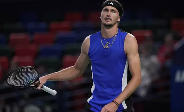 Alexander Zverev of Germany reacts during the men's singles third round match against Tallon Griekspoor of Netherlands, in the Shanghai Masters tennis tournament at Qizhong Forest Sports City Tennis Center in Shanghai, China, Tuesday, Oct. 8, 2024. (AP Photo/Andy Wong)