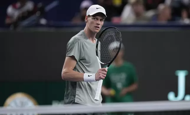 Jannik Sinner of Italy reacts during the men's singles semifinals match against Machac of the Czech Republic in the Shanghai Masters tennis tournament at Qizhong Forest Sports City Tennis Center in Shanghai, China, Saturday, Oct. 12, 2024. (AP Photo/Andy Wong)