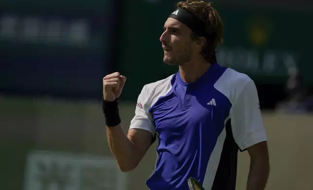 Stefanos Tsitsipas of Greece reacts during the men's singles third round match against Alexandre Muller of France, in the Shanghai Masters tennis tournament at Qizhong Forest Sports City Tennis Center in Shanghai, China (AP Photo/Andy Wong)