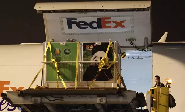 In this image taken from video and released by China's National Forestry and Grassland Administration, a cage containing male giant panda Bao Li is loaded onto a plane at the Chengdu Shuangliu International Airport in southwestern China's Sichuan province on Monday, Oct. 14, 2024. (Jin Tao/China's National Forestry and Grassland Administration via AP)