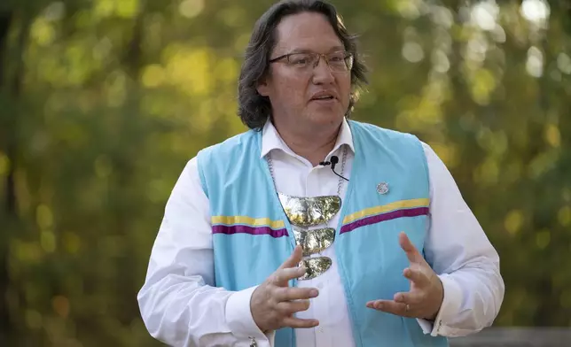 Chief Ben Barnes of the Shawnee Tribe talks about the tribes involvement in Civilization VII at the ribbon cutting of the Shawnee Language Center on Friday, September 20, 2024 in Miami, Okla.. (AP Photo/Nick Oxford)