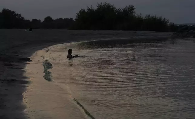 A child wades in Lake Erie during an algal bloom, Monday, Aug. 26, 2024, at Maumee Bay State Park in Oregon, Ohio. (AP Photo/Joshua A. Bickel)