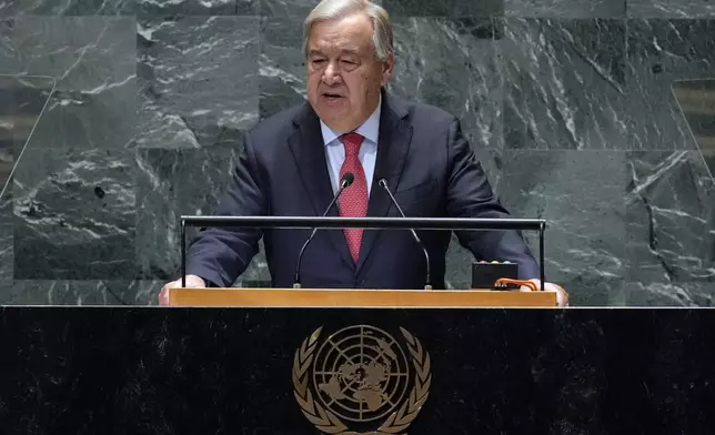 FILE - U.N. Secretary-General Antonio Guterres addresses the 79th session of the United Nations General Assembly, Sept. 24, 2024. (AP Photo/Richard Drew, File)