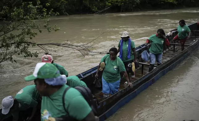 A group of women, part of Asociacion Nuestra Casa Comun, or Our Community House Association, arrive in an area destroyed by illegal mining on the Quito River, near Paimado, Colombia, Tuesday, Sept. 24, 2024. (AP Photo/Ivan Valencia)