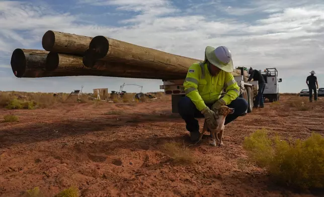 A volunteer pets a dog before starting power line construction for a home, Tuesday, Oct. 8, 2024, on the Navajo Nation in Halchita, Utah. (AP Photo/Joshua A. Bickel)