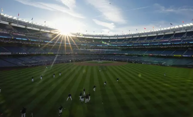 FILE - The New York Yankees warms up during batting practice before Game 3 of the baseball World Series Los Angeles Dodgers, Oct. 28, 2024, in New York. (AP Photo/Frank Franklin II, File)