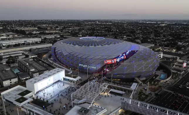 An aerial view shows the Intuit Dome, the new home of the Los Angeles Clippers, Monday, Oct. 14, 2024, in Inglewood, Calif.(AP Photo/Jae C. Hong)