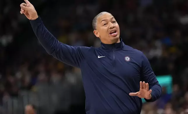 Los Angeles Clippers head coach Tyronn Lue reacts during the first half of an NBA basketball game against the Denver Nuggets, Saturday, Oct. 26, 2024, in Denver. (AP Photo/Jack Dempsey)