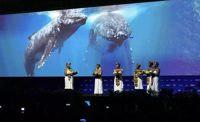 Afro-Colombian women perform during the opening ceremony of COP16, a United Nations' biodiversity conference, in Cali, Colombia, Sunday, Oct. 20, 2024. (AP Photo/Fernando Vergara)