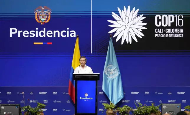 Colombia's President Gustavo Petro delivers a speech at the opening ceremony of COP16, a United Nations' biodiversity conference, in Cali, Colombia, Sunday, Oct. 20, 2024. (AP Photo/Fernando Vergara)