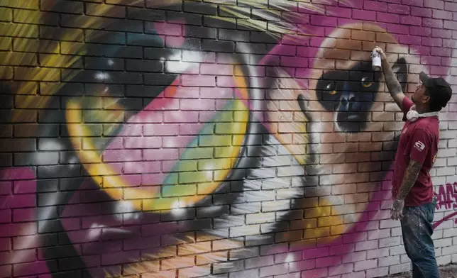 An artist spray paints the finishing touches on a mural a day ahead of the COP16 United Nations biodiversity conference, in host city Cali, Colombia, Saturday, Oct. 19, 2024. (AP Photo/Fernando Vergara)