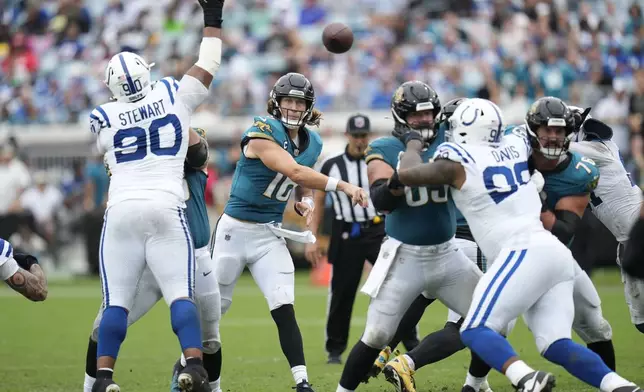 Jacksonville Jaguars quarterback Trevor Lawrence (16) throws during the second half of an NFL football game against the Indianapolis Colts, Sunday, Oct. 6, 2024, in Jacksonville, Fla. (AP Photo/John Raoux)