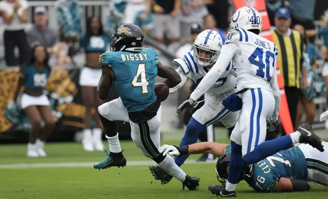 Jacksonville Jaguars' Tank Bigsby (4) goes in for a touchdown during the second half of an NFL football game against the Indianapolis Colts, Sunday, Oct. 6, 2024, in Jacksonville, Fla. (AP Photo/John Raoux)