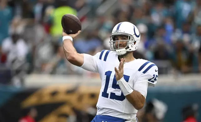 Indianapolis Colts quarterback Joe Flacco throws during the second half of an NFL football game against the Jacksonville Jaguars, Sunday, Oct. 6, 2024, in Jacksonville, Fla. (AP Photo/Phelan M. Ebenhack)