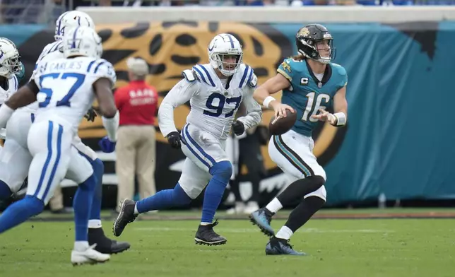 Jacksonville Jaguars quarterback Trevor Lawrence (16) throws during the second half of an NFL football game against the Indianapolis Colts, Sunday, Oct. 6, 2024, in Jacksonville, Fla. (AP Photo/John Raoux)