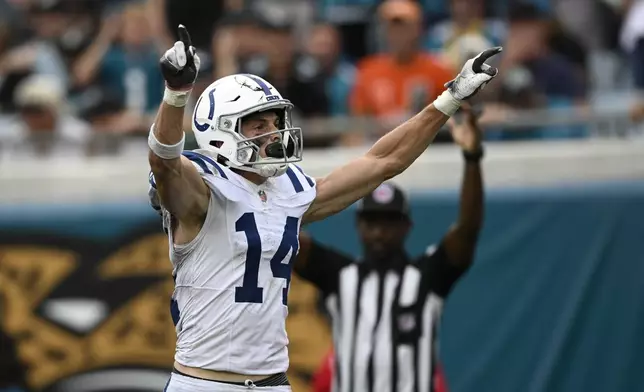 Indianapolis Colts wide receiver Alec Pierce reacts during the second half of an NFL football game against the Jacksonville Jaguars, Sunday, Oct. 6, 2024, in Jacksonville, Fla. (AP Photo/Phelan M. Ebenhack)