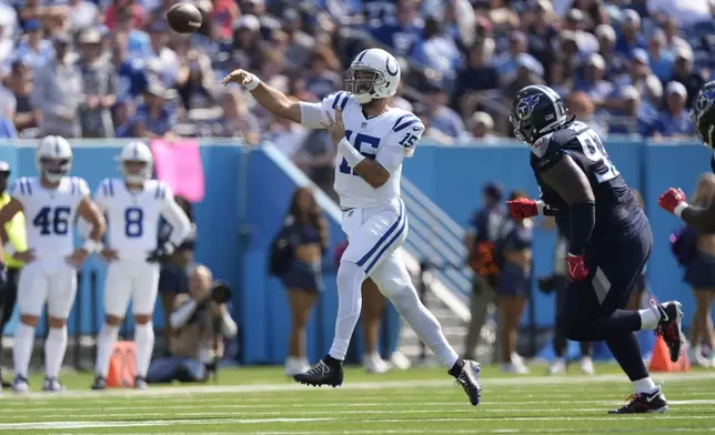 Indianapolis Colts quarterback Joe Flacco (15) throws during the first half of an NFL football game against the Tennessee Titans, Sunday, Oct. 13, 2024, in Nashville, Tenn. (AP Photo/George Walker IV)