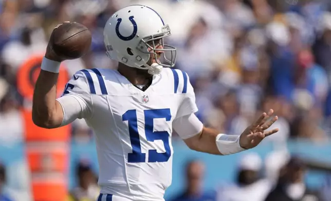 Indianapolis Colts quarterback Joe Flacco throws during the first half of an NFL football game against the Tennessee Titans, Sunday, Oct. 13, 2024, in Nashville, Tenn. (AP Photo/George Walker IV)