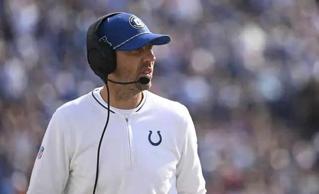 Indianapolis Colts head coach Shane Steichen watches during the second half of an NFL football game against the Tennessee Titans, Sunday, Oct. 13, 2024, in Nashville, Tenn. (AP Photo/John Amis)