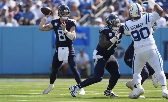 Tennessee Titans quarterback Will Levis (8) throws during the first half of an NFL football game against the Indianapolis Colts, Sunday, Oct. 13, 2024, in Nashville, Tenn. (AP Photo/George Walker IV)