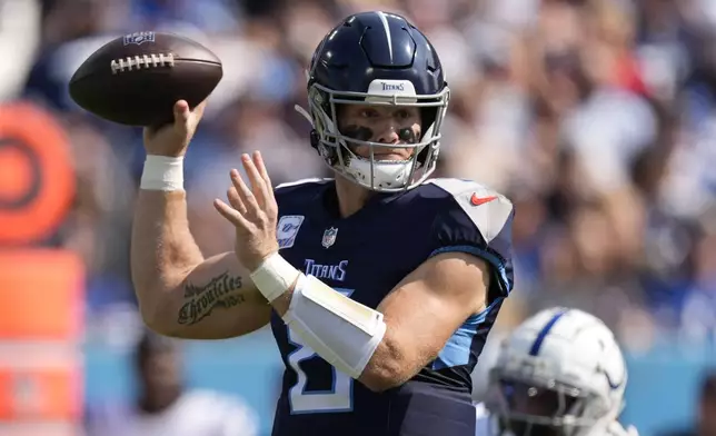 Tennessee Titans quarterback Will Levis throws during the first half of an NFL football game against the Indianapolis Colts, Sunday, Oct. 13, 2024, in Nashville, Tenn. (AP Photo/George Walker IV)