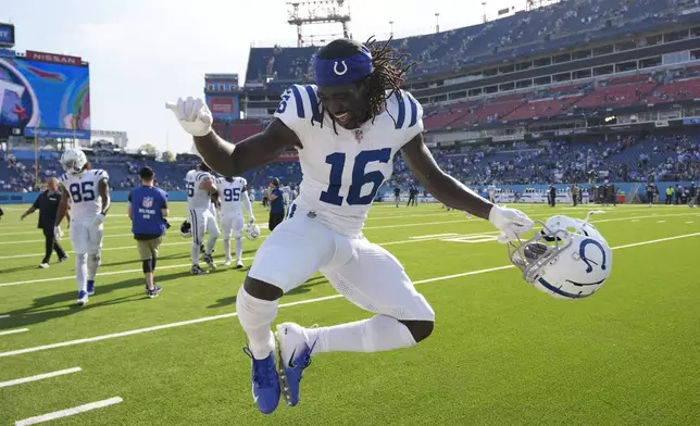 Indianapolis Colts' Ashton Dulin (16) reacts following an NFL football game, Sunday against the Tennessee Titans, Oct. 13, 2024, in Nashville, Tenn. (AP Photo/George Walker IV)