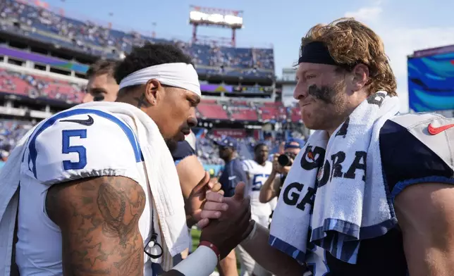 Indianapolis Colts quarterback Anthony Richardson (5) and Tennessee Titans quarterback Will Levis (8) shake hands following an NFL football game, Sunday, Oct. 13, 2024, in Nashville, Tenn. (AP Photo/George Walker IV)