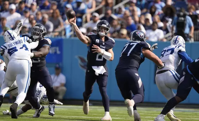 Tennessee Titans quarterback Will Levis (8) throws during the second half of an NFL football game against the Indianapolis Colts, Sunday, Oct. 13, 2024, in Nashville, Tenn. (AP Photo/George Walker IV)