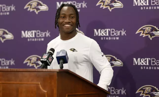 Baltimore Ravens wide receiver Zay Flowers speaks during a news conference following an NFL football game against the Washington Commanders Sunday, Oct. 13, 2024, in Baltimore. (AP Photo/Nick Wass)