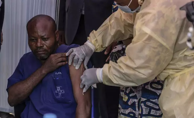 A man receives a vaccination against mpox, at the General hospital, in Goma, Democratic Republic of Congo Saturday, Oct. 5, 2024. (AP Photo/Moses Sawasawa)