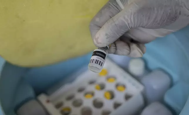 A nurse holds a bottle of mpox vaccine at the General hospital, in Goma, Democratic Republic of Congo Saturday, Oct. 5, 2024. (AP Photo/Moses Sawasawa)