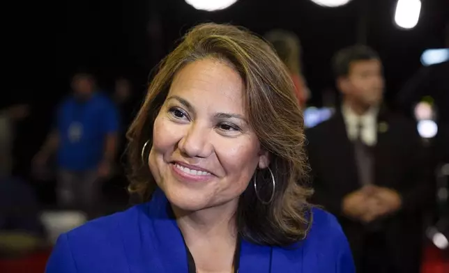 FILE - Rep. Veronica Escobar, D-Texas, is pictured in the spin room after a presidential debate, Sept. 10, 2024, in Philadelphia. (AP Photo/Matt Rourke, File)