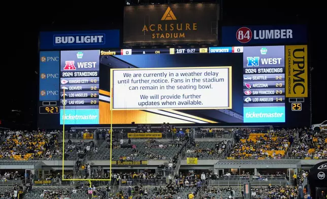 A message is seen on a large screen during a weather delay prior to an NFL football game between the Pittsburgh Steelers and the Dallas Cowboys, Sunday, Oct. 6, 2024, in Pittsburgh. (AP Photo/Gene J. Puskar)