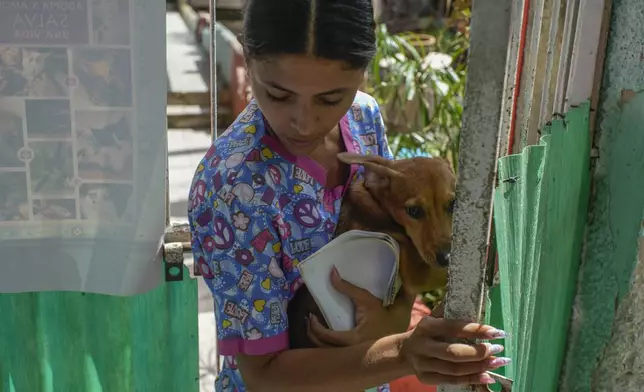 Veterinarian technician Elizabeth Meade, founder of the Adoptions for Love animal shelter, holds Linda in Havana, Cuba, Wednesday, Oct. 2, 2024, on the day the dog was adopted by a new caretaker. (AP Photo/Ramon Espinosa)